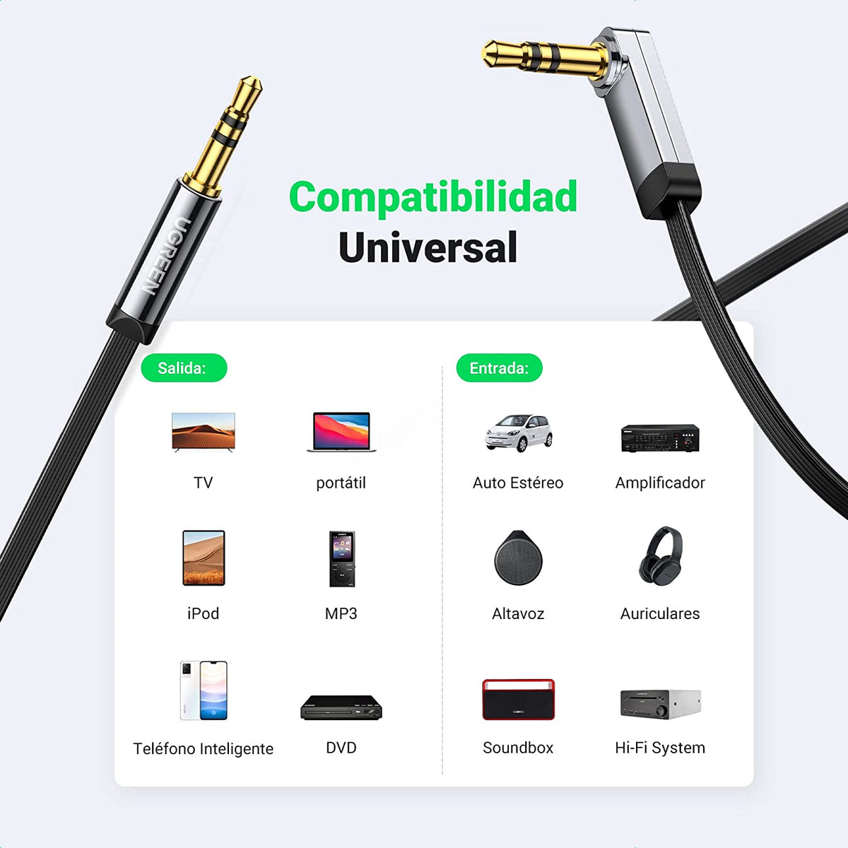 Cable Auxiliar Plano 2 Metros / Conector 3.5mm a 3.5mm / Macho-Macho / Recto a Angulo / Ángulo de 90° en una de sus Puntas / Color Negro