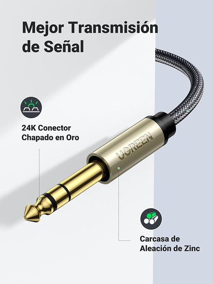 Cable Audio Estéreo 3.5mm (1/8") TRS a 6.35mm (1/4") TS / 1 Metro / Audio de Hi-Fi / Trenza de Nylon / Blindaje Múltiple / Caja de Aleación Zinc
