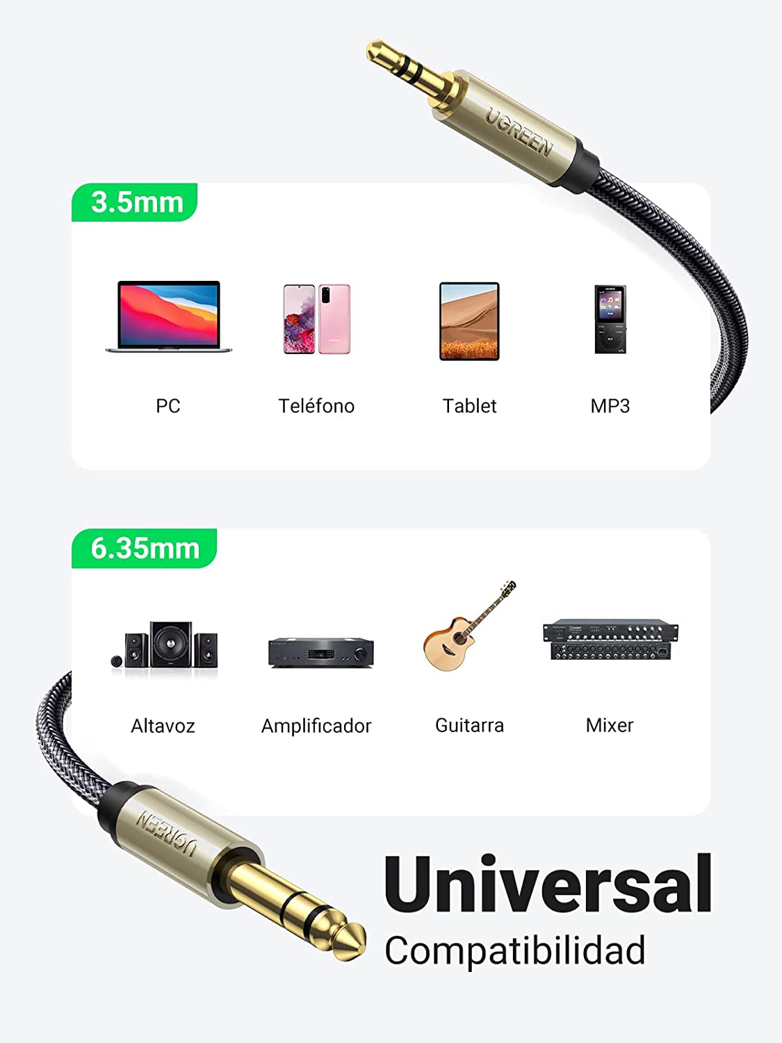 Cable Audio Estéreo 3.5mm (1/8") TRS a 6.35mm (1/4") TS / 1 Metro / Audio de Hi-Fi / Trenza de Nylon / Blindaje Múltiple / Caja de Aleación Zinc