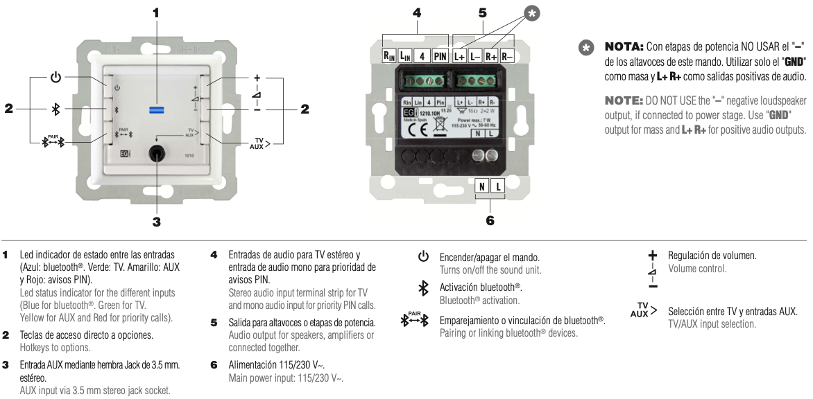 Mando Bluetooth | Entrada AUX/TV | Amplificador 2+2W | 16&Omega; | 110-230VCA