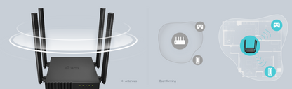 Router Inalámbrico doble banda AC, 2.4 GHz y 5 GHz Hasta 1200 Mbps, 4 antenas externas omnidireccional, 4 Puertos LAN 10/100 Mbps, 1 Puerto WAN