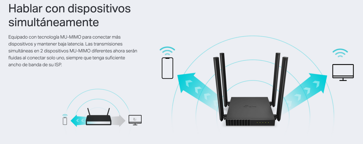 Router Inalámbrico doble banda AC, 2.4 GHz y 5 GHz Hasta 1200 Mbps, 4 antenas externas omnidireccional, 4 Puertos LAN 10/100 Mbps, 1 Puerto WAN