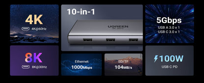 Docking Station USB-C Hub 10 en 1 UGREEN Revodok Pro 210 / Dual HDMI 4K 60Hz y 8K 30Hz / 3 Puertos USB-A + USB-C 3.0 / Carga PD 100W / Ethernet
