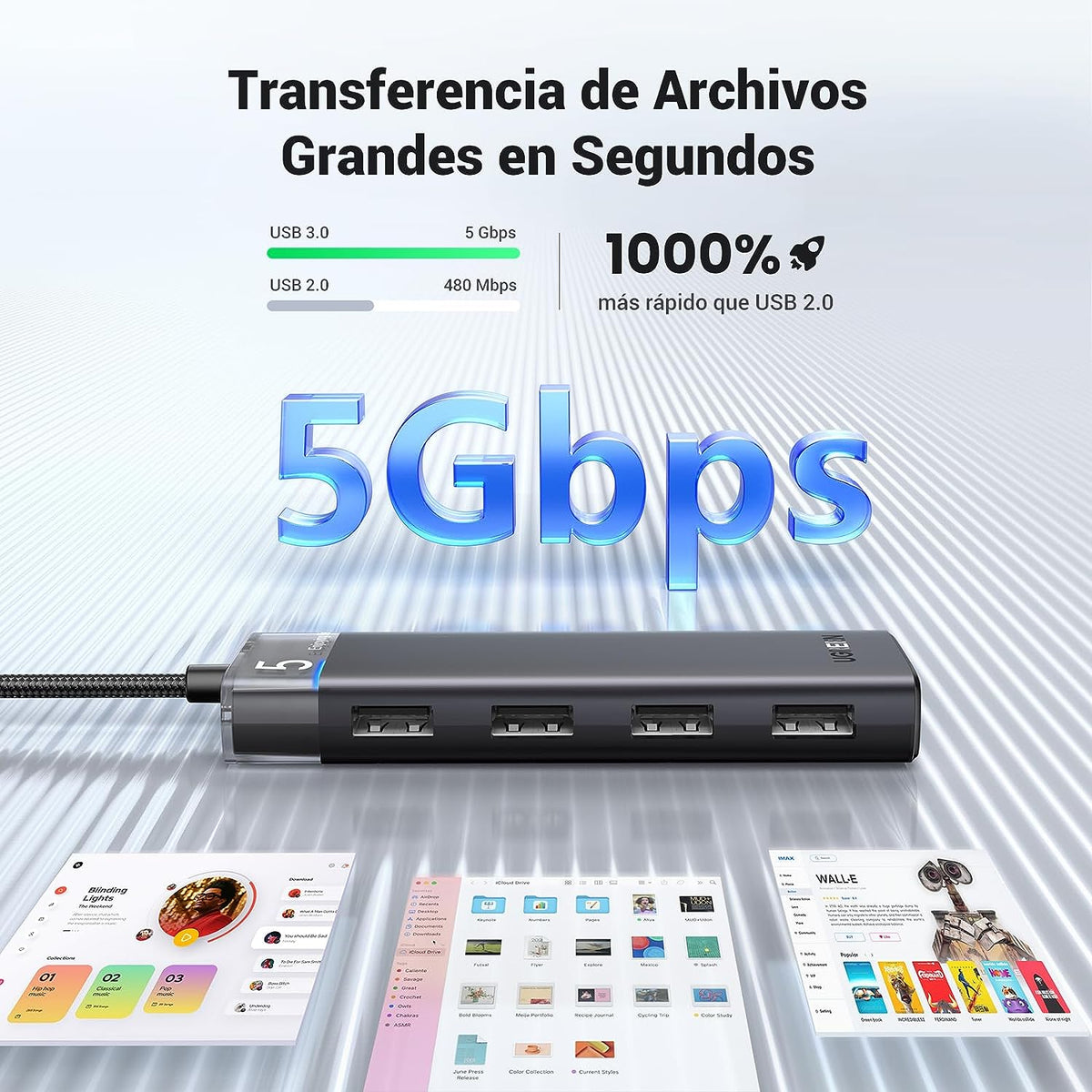 HUB USB-A 3.2 Gen1 4 EN 1 | 4 Puertos USB-A (5Gbps) | Carcasa ABS + PC | Soporta OTG | Luz Indicadora LED | Cable de Nylon Trenzado de 20cm (Mas de