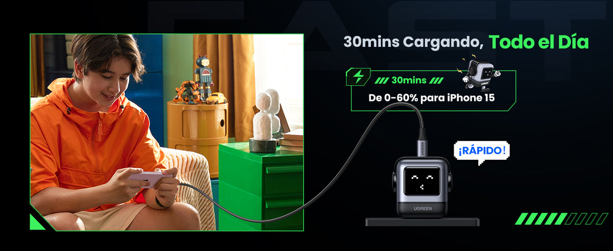 Cargador Mini GaNRobot 30W serie UNO | 1 USB-C de Carga Rápida | Tecnología GaN II | Multiprotocolo PD/QC/SCP/FCA | Carga Inteligente | Pantalla LED