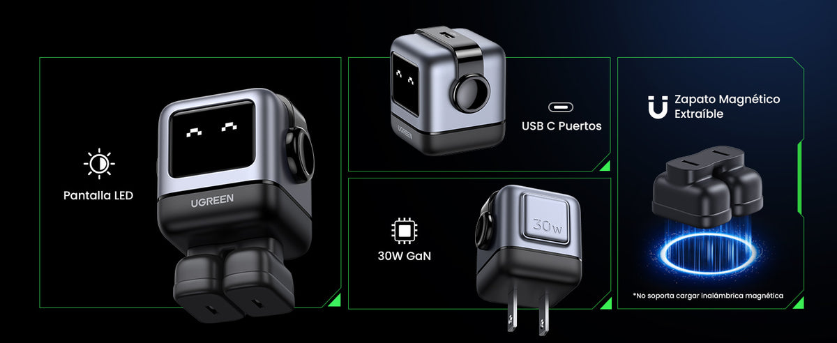 Cargador Mini GaNRobot 30W serie UNO | 1 USB-C de Carga Rápida | Tecnología GaN II | Multiprotocolo PD/QC/SCP/FCA | Carga Inteligente | Pantalla LED