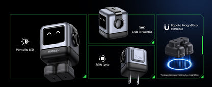Cargador Mini GaNRobot 30W serie UNO | 1 USB-C de Carga Rápida | Tecnología GaN II | Multiprotocolo PD/QC/SCP/FCA | Carga Inteligente | Pantalla LED
