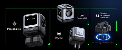 Cargador RobotGaN de 65W Serie UNO | 3 Puertos de Carga Rápida | 2 USB-C | 1 USB-A | PD 3.0 | QC 4.0 | Carga Inteligente | Tecnología GaN II | Zapato