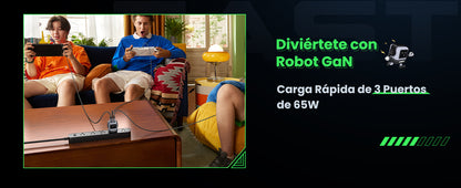 Cargador RobotGaN de 65W Serie UNO | 3 Puertos de Carga Rápida | 2 USB-C | 1 USB-A | PD 3.0 | QC 4.0 | Carga Inteligente | Tecnología GaN II | Zapato