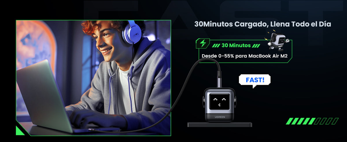 Cargador RobotGaN de 65W Serie UNO | 3 Puertos de Carga Rápida | 2 USB-C | 1 USB-A | PD 3.0 | QC 4.0 | Carga Inteligente | Tecnología GaN II | Zapato
