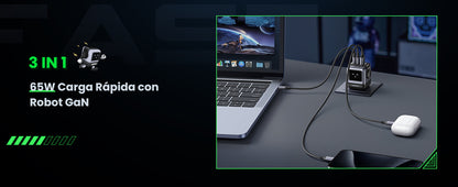 Cargador RobotGaN de 65W Serie UNO | 3 Puertos de Carga Rápida | 2 USB-C | 1 USB-A | PD 3.0 | QC 4.0 | Carga Inteligente | Tecnología GaN II | Zapato