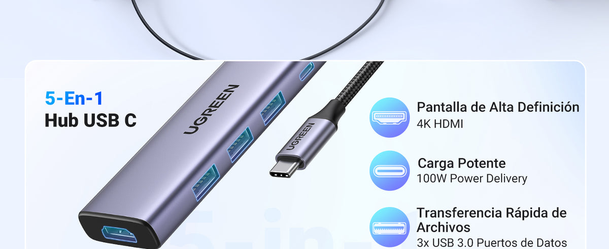 HUB USB-C (Docking Station) 5 en 1 | HDMI 2.0 4K@30Hz | 3 USB-A 3.0 (5Gbps) | USB-C PD Carga 100W | Potente Disipación de Calor | Chip de Ultima