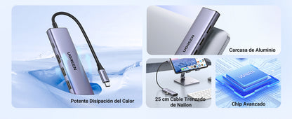HUB USB-C (Docking Station) 5 en 1 | HDMI 2.0 4K@30Hz | 3 USB-A 3.0 (5Gbps) | USB-C PD Carga 100W | Potente Disipación de Calor | Chip de Ultima