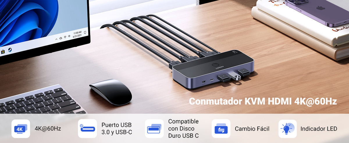 Conmutador KVM HDMI 4K | HDMI 2.0 | 2 Entradas 1 Salida | 4 Puertos USB 3.0 (3 USB-A *1 USB-C) | Soporta 4K@60Hz | HDR | Indicador Led | Compatible