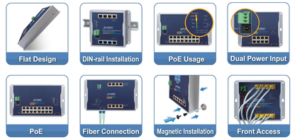 Switch Industrial Administrable Capa 2 de Pared,16 Puertos PoE 802.3at Gigabit y 2 Puertos SFP