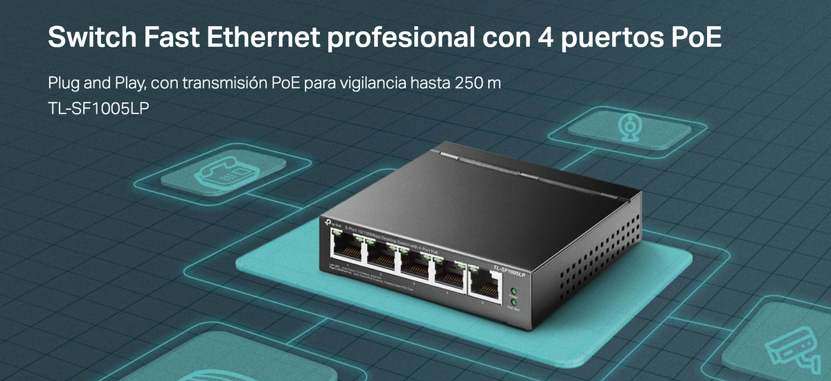 Switch PoE No Administrable de Escritorio / 8 puertos 10/100 Mbps / 4 puertos PoE af / Presupuesto 41 W / Modo extensor PoE hasta 250 metros