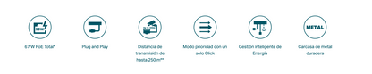 Switch PoE no Administrable de escritorio / 6 puertos 10/100 Mbps / 4 puertos PoE af/at / Presupuesto 67 W / Modo Extensor hasta 250 m / Calidad