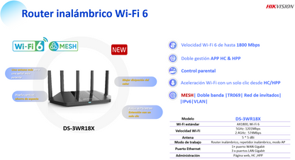 Router Inalámbrico / Wifi 6 / Hasta 1800 Mbps / MESH / Doble Banda AC (2.4 GHz y 5 GHz) / 4 Puertos 1000 Mbps / 5 Antenas Omnidireccional / Interior
