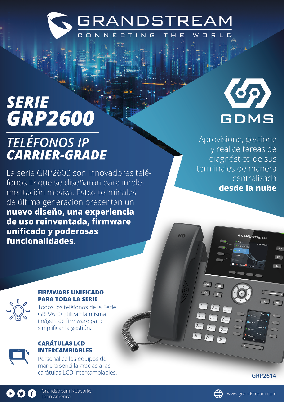 Teléfono IP Wi-Fi, Grado Operador, 12 líneas SIP con 6 cuentas, pantalla táctil 7", puertos Gigabit, Bluetooth, PoE, codec Opus, IPV4/IPV6 con