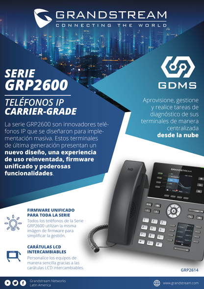 Teléfono IP Wi-Fi, Grado Operador, 12 líneas SIP con 6 cuentas, pantalla táctil 7", puertos Gigabit, Bluetooth, PoE, codec Opus, IPV4/IPV6 con