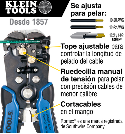 Pelacables para Cable Sólido 10-20 AWG y Cable Trenzado 12-22 AWG, con Cortador de Ajuste Automático.