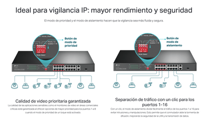 Switch PoE+ no Administrable 16 puertos 10/100 Mbps + 2 puertos 10/100/1000 Mbps + 1 puerto SFP, 8 puertos Extensor PoE (hasta 250 m), 150W, diseño