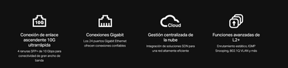 Switch Omada SDN Administrable / 24 puertos Gigabit y 4 puertos SFP+ / Funciones sFlow, QinQ y QoS / Administración centralizada OMADA