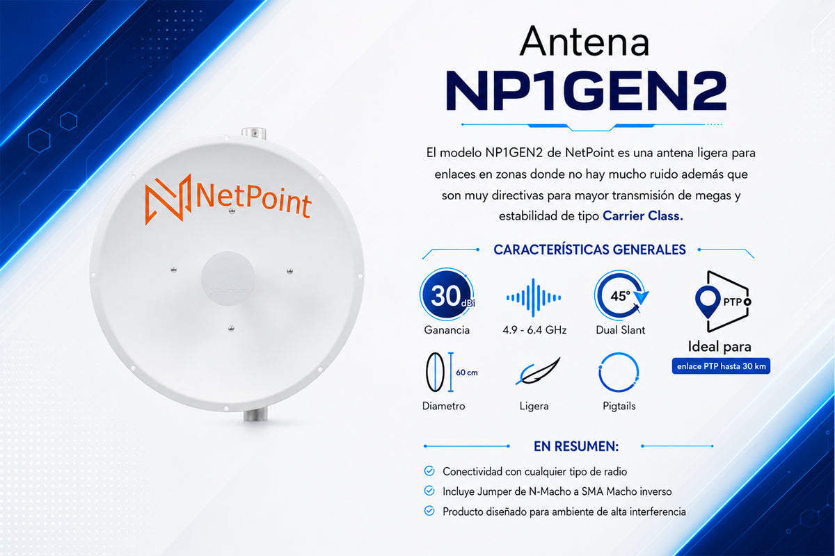 Antena Direccional de alto rendimiento / diámetro de 60 cm / 4.9-6.4 GHz / Ganancia 30 dBi / SLANT de 45 ° y 90 ° / Ideal para 30 km / Conector
