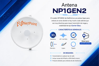 Antena Direccional de alto rendimiento / diámetro de 60 cm / 4.9-6.4 GHz / Ganancia 30 dBi / SLANT de 45 ° y 90 ° / Ideal para 30 km / Conector