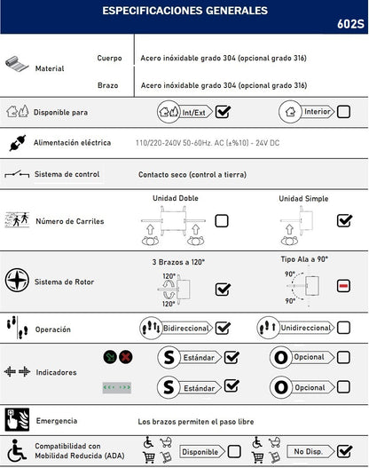 Torniquete De Medio Cuerpo Fabricado en Acero Inoxidable Grado 304 /Apertura Bidireccional / Con Luz Indicadora de Estado