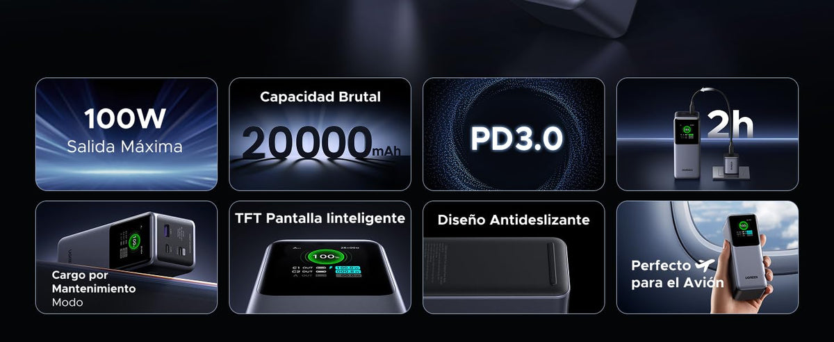 Power Bank de 20000mAh | 3 Salidas 130W Max. | USB-A + 2 USB-C | PD 3.0 | QC3.0 | FCP | SCP | Pantalla Inteligente | Carcasa Ignifuga | Color Gris |