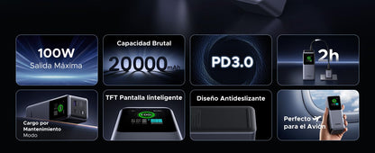 Power Bank de 20000mAh | 3 Salidas 130W Max. | USB-A + 2 USB-C | PD 3.0 | QC3.0 | FCP | SCP | Pantalla Inteligente | Carcasa Ignifuga | Color Gris |