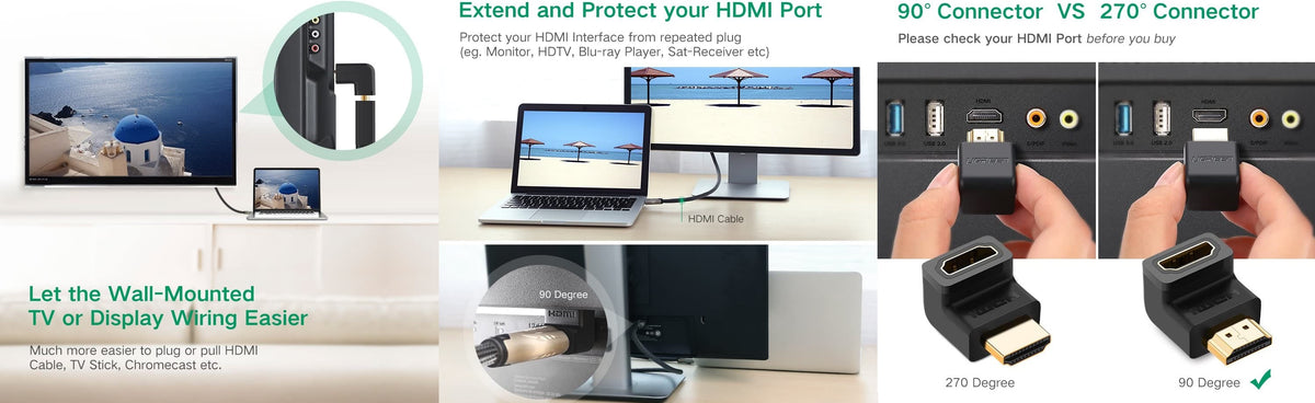 Adaptador HDMI de 90 Grados Macho a Hembra / Hacia Arriba / HDMI 2.0 4K@60Hz / Proporciona Flexibilidad Sin Doblar los Cables HDMI