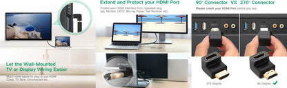 Adaptador HDMI de 90 Grados Macho a Hembra / Hacia Arriba / HDMI 2.0 4K@60Hz / Proporciona Flexibilidad Sin Doblar los Cables HDMI