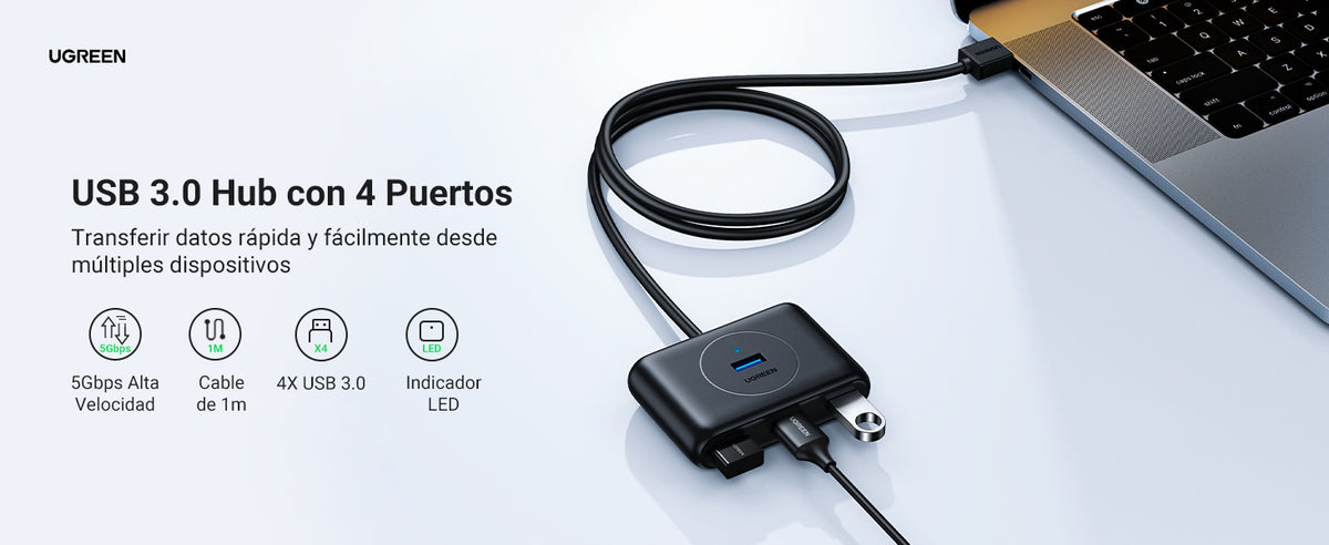 HUB USB-A 3.0 4 en 1 | 4 Puertos USB-A 3.0 (5Gbps) | Entrada USB-C (PD 5V2A) | Cable de 1 Metro | Indicador Led | Ideal para Transferencia de Datos |