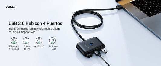 HUB USB-A 3.0 4 en 1 | 4 Puertos USB-A 3.0 (5Gbps) | Entrada USB-C (PD 5V2A) | Cable de 1 Metro | Indicador Led | Ideal para Transferencia de Datos |