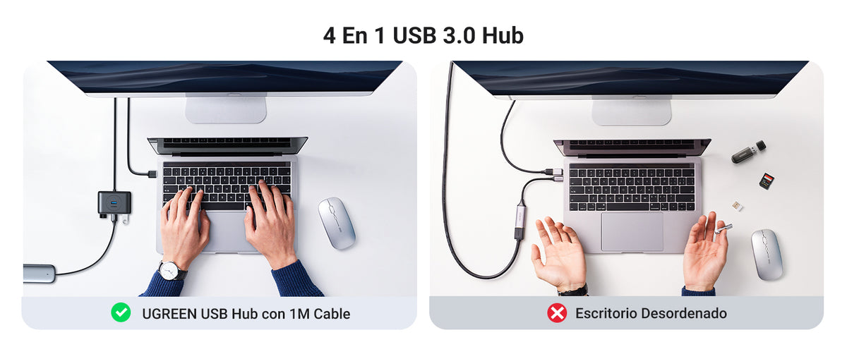 HUB USB-A 3.0 4 en 1 | 4 Puertos USB-A 3.0 (5Gbps) | Entrada USB-C (PD 5V2A) | Cable de 1 Metro | Indicador Led | Ideal para Transferencia de Datos |