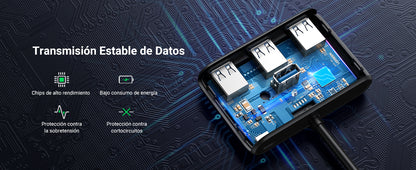 HUB USB-A 3.0 4 en 1 | 4 Puertos USB-A 3.0 (5Gbps) | Entrada USB-C (PD 5V2A) | Cable de 1 Metro | Indicador Led | Ideal para Transferencia de Datos |