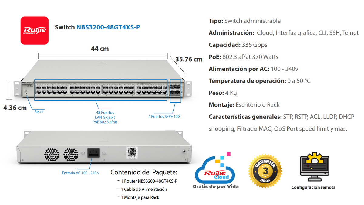 Switch Administrable PoE Capa 2+ Plus, con 48 puertos Gigabit PoE 802.3af/at + 4 SFP+ para fibra 10Gb, gestión gratuita desde la nube, 370w