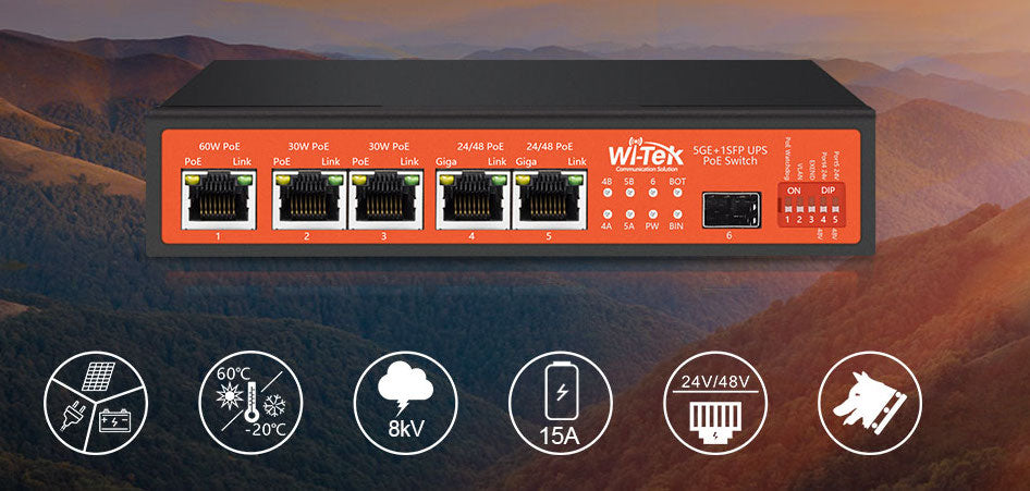 Controlador Solar de 15A con Switch PoE / 1 Puerto Gigabit PoE 802.3 bt / 2 Puertos PoE 802.3 af/at / 2 Puertos PoE Pasivo 24/48 Vcc / 1 Puerto SFP