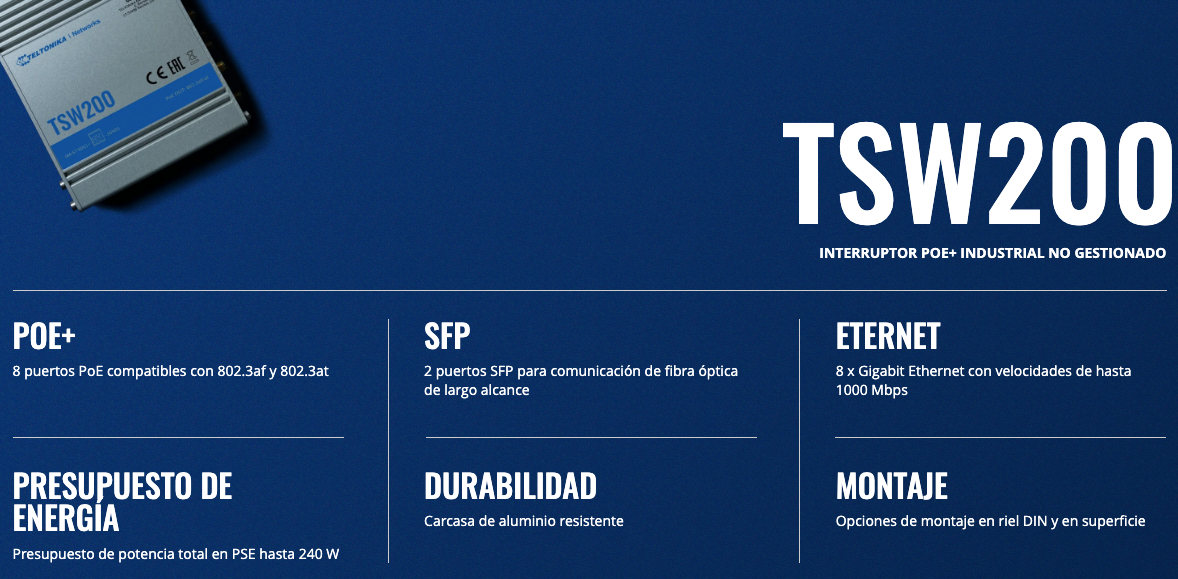 Switch Industrial No-Administrable 8 puertos Gigabit PoE 802.3af/at, 2 puertos SFP