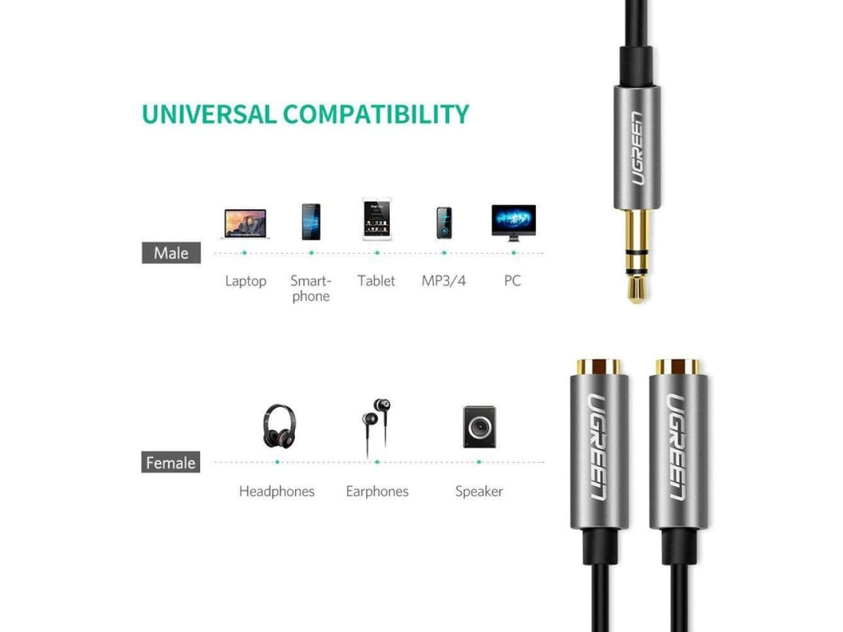 Cable Adaptador/Divisor de Audio de 3.5mm Macho a 2 Terminales de 3.5mm Hembra / 25 cm de Longitud / Cable TPE / Color Negro