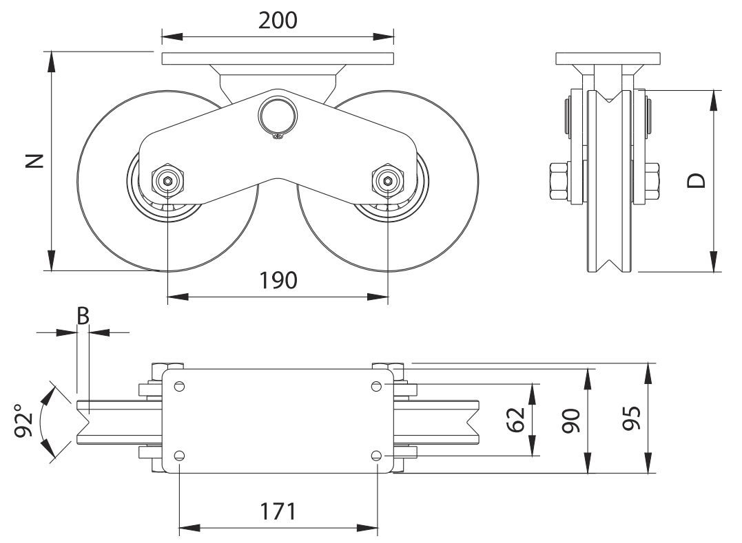 339V - Rueda Doble de 16 cm / Capacidad Para Puertas de hasta 1920 Kg / Canal Tipo V