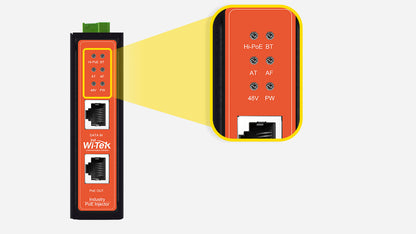 Inyector PoE Industrial / DC entrada 12-57V / PoE salida de Hasta 90W / Carcasa de Metal / Riel DIN / Aplicaciones CCTV