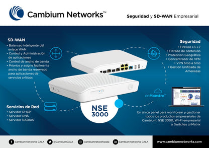 Firewall SD-WAN para PYME NSE3000 / 2 puertos WAN Gigabit + 2 SFP Combo / 4 puertos LAN Gigabit / IDS-IPS y Bloqueo de Aplicaciones / Gestión Cloud