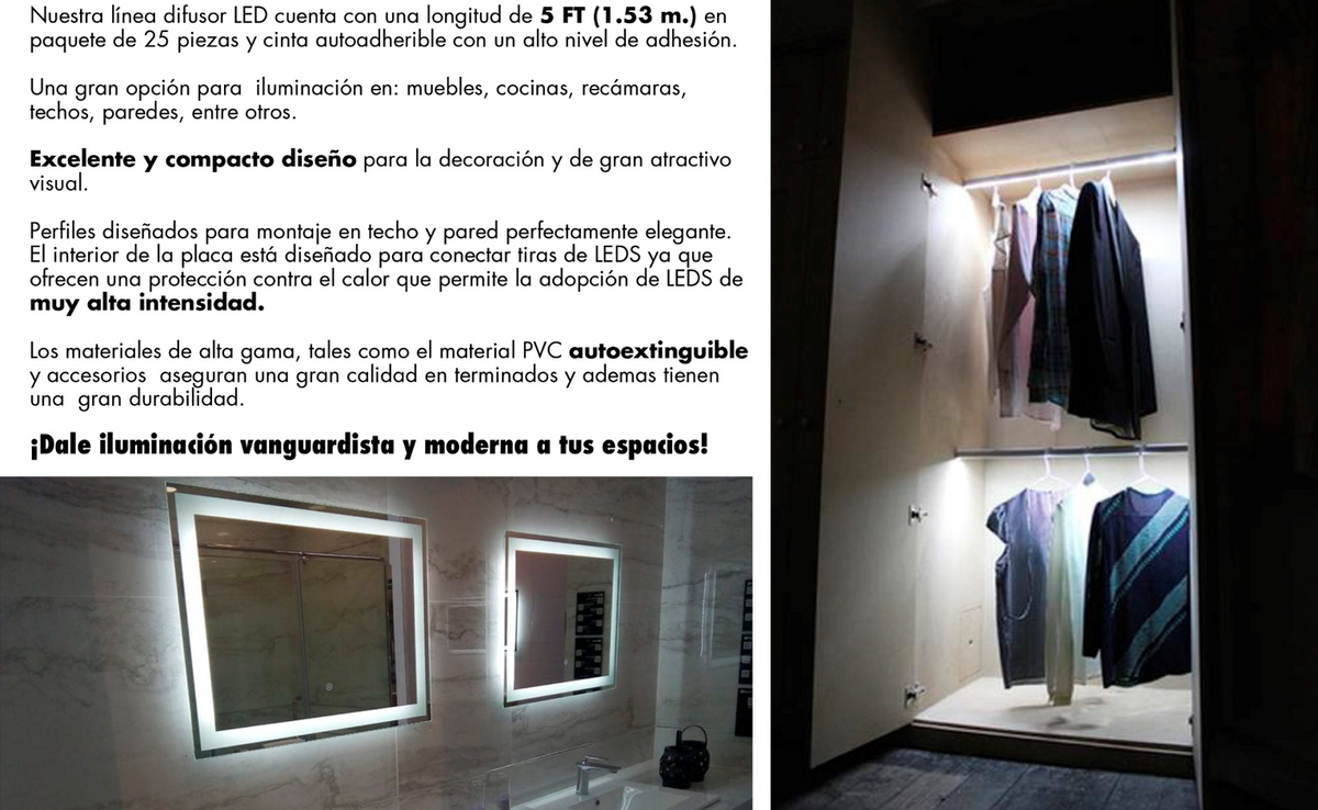 Difusor para tira LED con tapa transparente de PVC auto extinguible, ideal para colocar iluminación, 20 x 10mm, tramo de 1.53 m con cinta