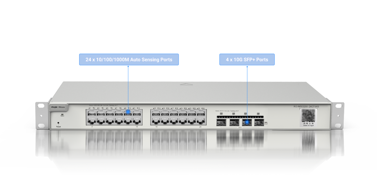 Switch Administrable Capa 2+ Plus, con 24 puertos Gigabit, 4 puertos SFP+ para fibra 10Gb, gestión gratuita desde la nube.