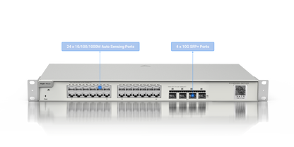 Switch Administrable Capa 2+ Plus, con 24 puertos Gigabit, 4 puertos SFP+ para fibra 10Gb, gestión gratuita desde la nube.
