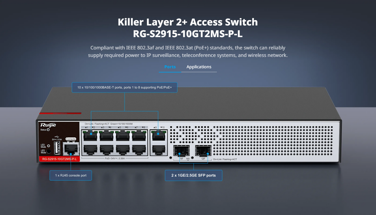 Switch PoE+ Empresarial 125 Watts, Administrable L2+, 8 Puertos PoE Gigabit , 2 Puertos Uplink Gigabit y 2 Puertos Uplink SFP 2.5G