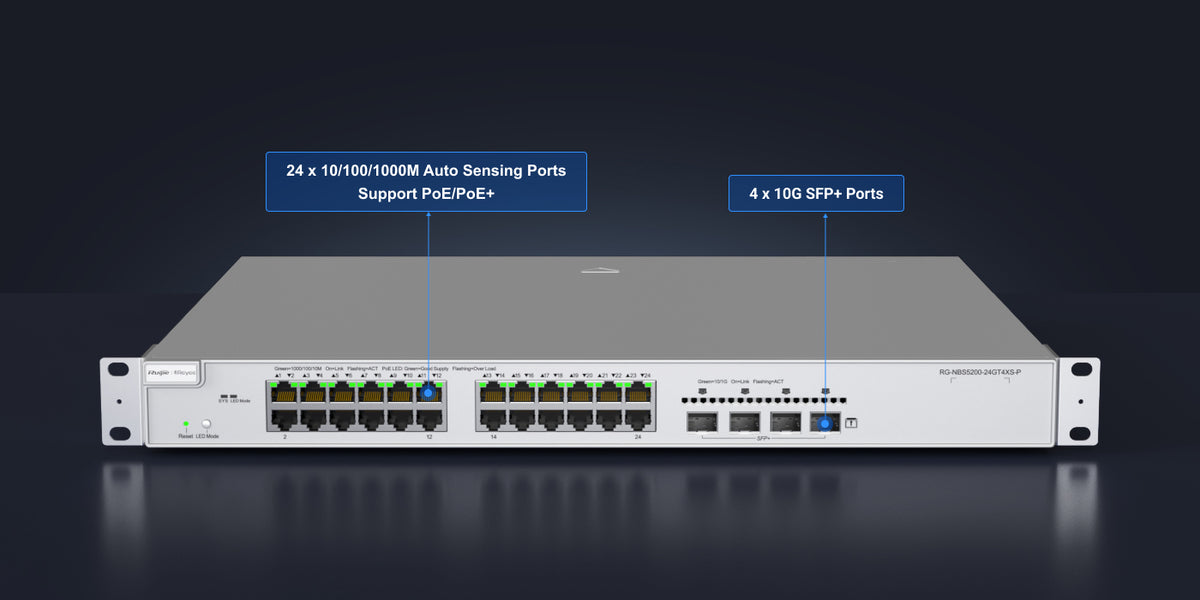 Switch Administrable Capa 3 con 24 puertos Gigabit PoE 802.3af/at + 4 SFP+ para fibra 10Gb, gestión gratuita desde la nube, 370w